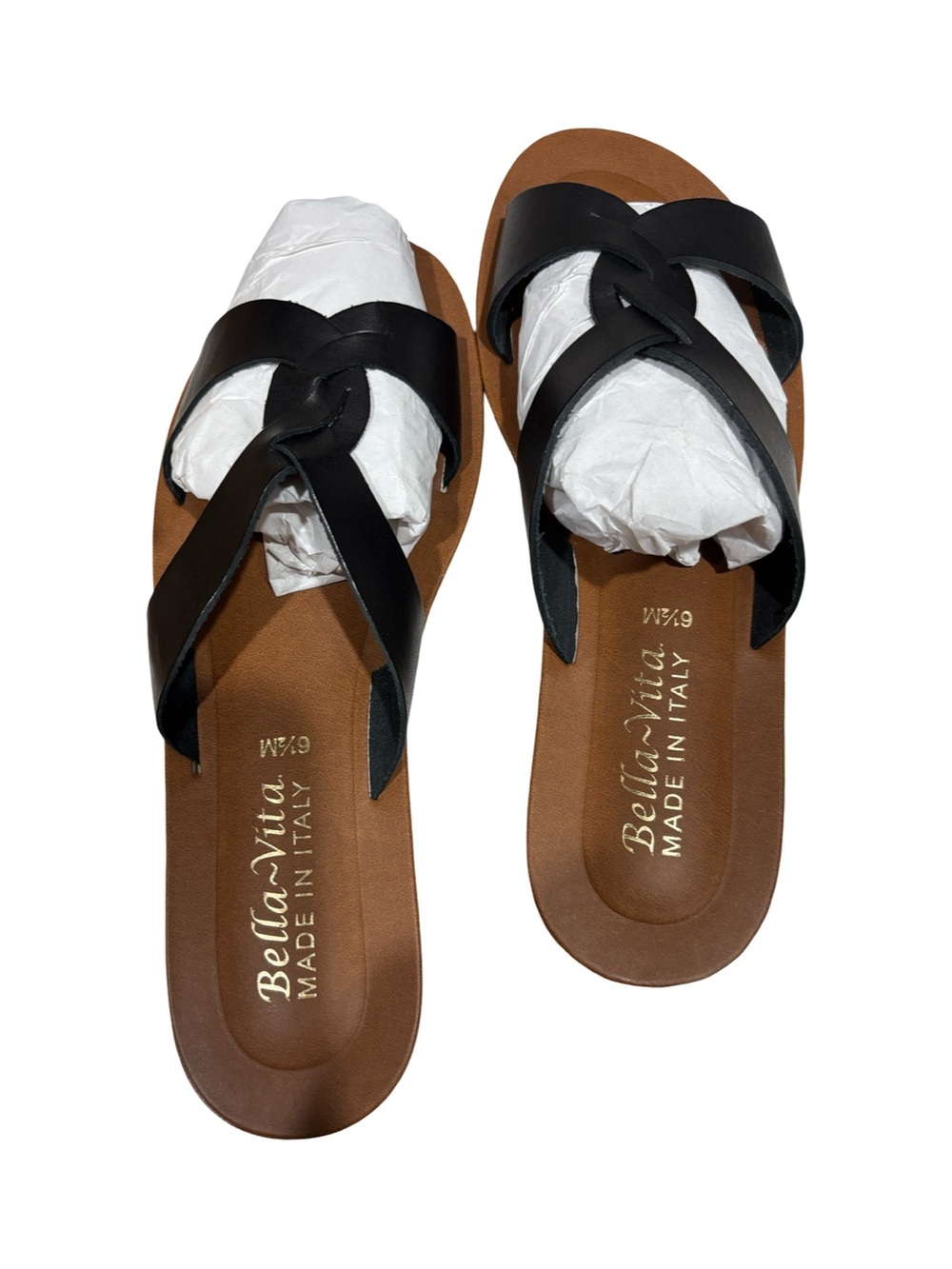 Bella Vita Black Leather Knot Slide Sandals with Brown Footbed